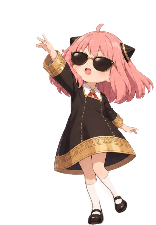 Illustration of Amrutha as a pink-haired anime character wearing sunglasses and greeting cheerfully